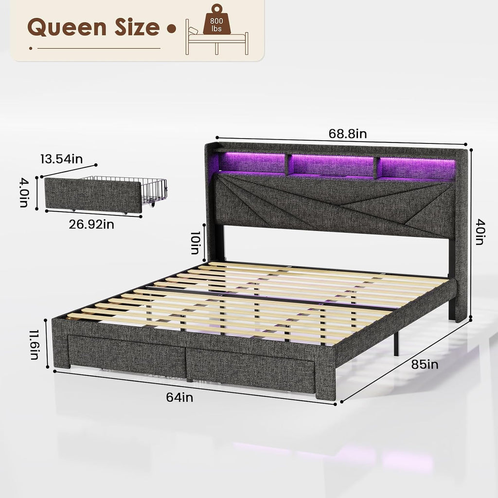 Driftalia LED Queen Bed Frame with 2 Storage Drawers, Upholstered Bed Frame Queen Size with Headboard and Charging Station, No Box Spring Needed, Easy to Assembly-Dark Grey