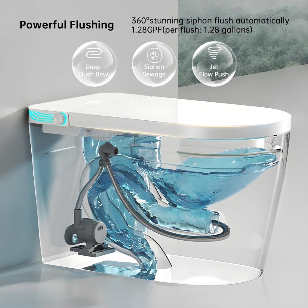 Smart Toilet with Bidet Built In, Foot Sensor Operation, Elongated Tankless Toilet with Automatic Flush, Dual Flush, Heated Bidet Seat for Bathrooms