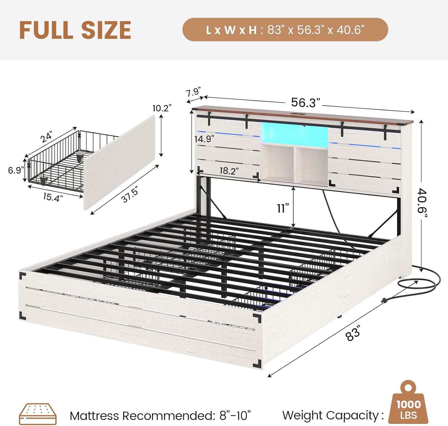 VIAGDO Wooden Bed Frame Full Size with Bookcase Headboard and Sliding Barn Door, Farmhouse Bed Frame Full Size with Charging Station, LED Lights and 4 Storage Drawers, No Box Spring Needed, White