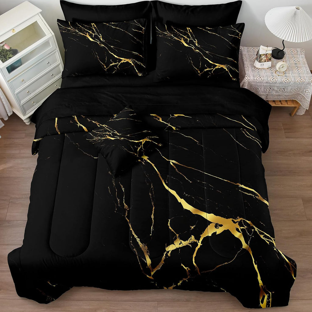 Merryword 8 Pcs Bed in a Bag Comforter Set - California King Size Black Gold Marble Bedding Set