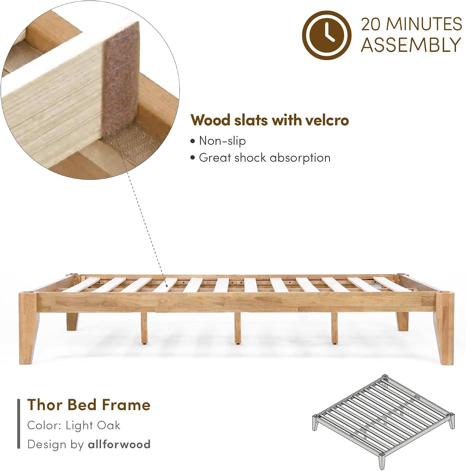 Thor Premium Solid Wood Bed Frame Queen, Japanese Joinery Bed Frame with Wood Slat Support, Platform Bed, No Box Spring Needed, Easy Assembly, Minimalist & Modern Style (Light Oak)