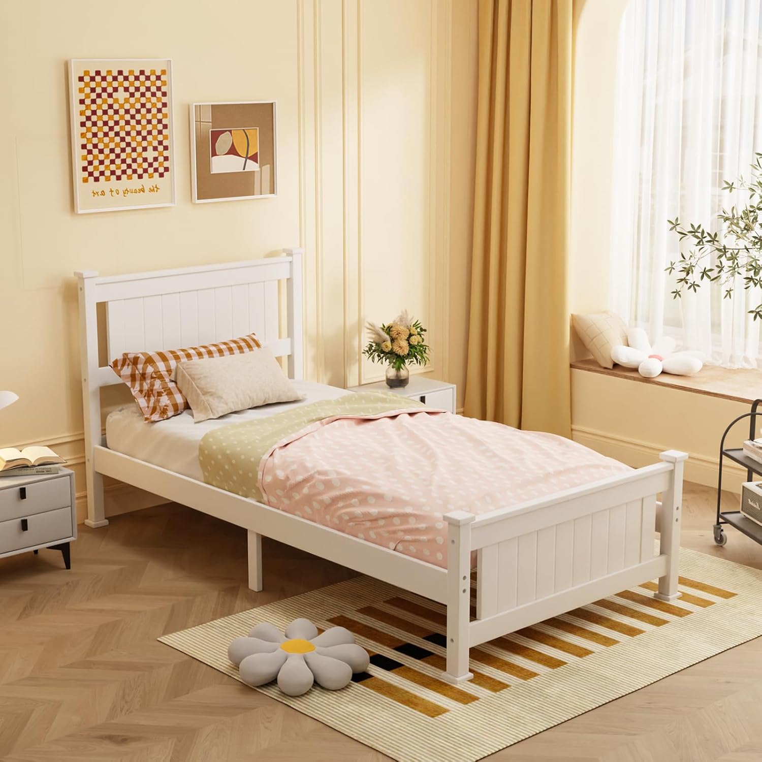VINGLI Twin Bed Frame Set of 2 Solid Wood Platform Bed Frame, Single Bed with Headboard, No Box Spring Needed Panel Bed, Wood Slat Support Mattress Foundation, White