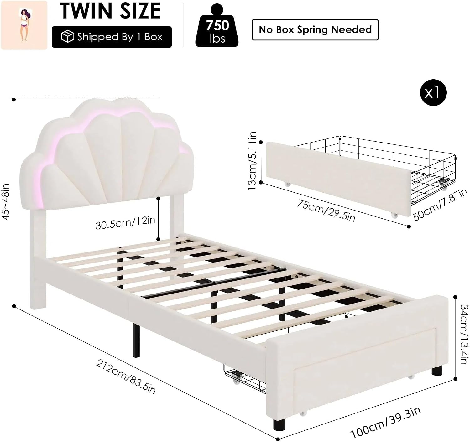 HIFIT Twin Upholstered Smart LED Bed Frame with Storage Drawer and Adjustable Chic Double Petal Headboard, Princess Platform Bed for Girls/Kids, Solid Wood Slat Support/No Box Spring Needed, Beige