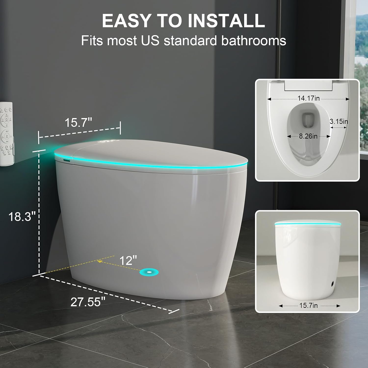 Smart Bidet Toilet with Foam Shield, Auto Open/Close Lid & Seat, Foot Sensor Flush, Tankless One Piece Elongated, Heated Seat, Instant Warm Water & Dryer