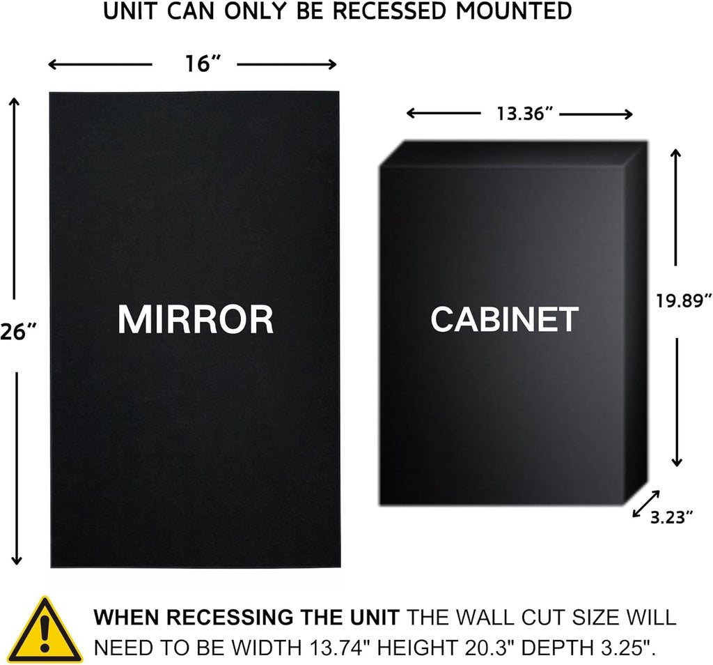 TEHOME Recessed Mount 16x26'' Squared Rectangle Matt Black Bathroom Medicine Cabinet with Mirror Black Metal Framed Rectanglular Medicine Cabinet 2 Adjustable Glass Shelves