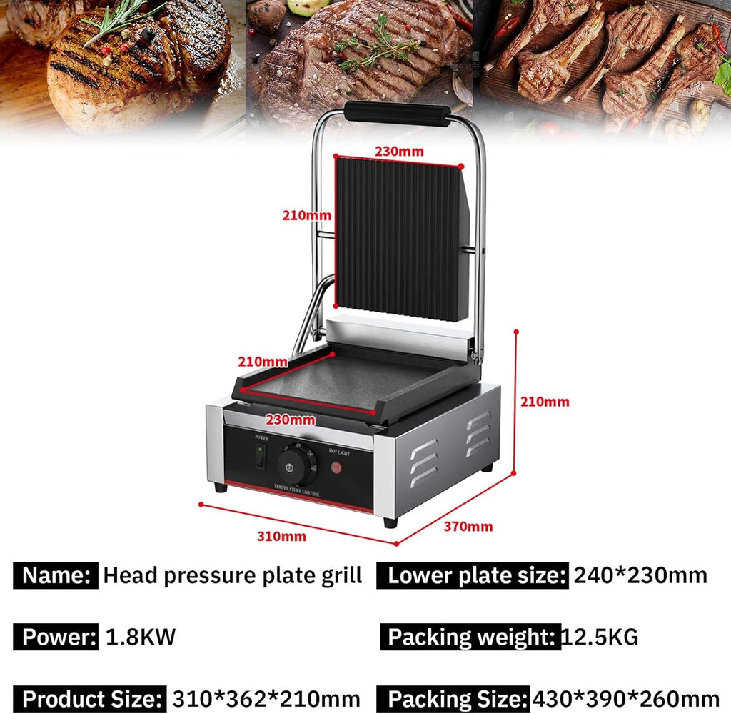 1800W Panini Grill, Sandwich Maker, Commercial Smokeless Indoor Grill, Removable Plates, Stainless Steel, For Steak, Hamburger, Waffle,110V
