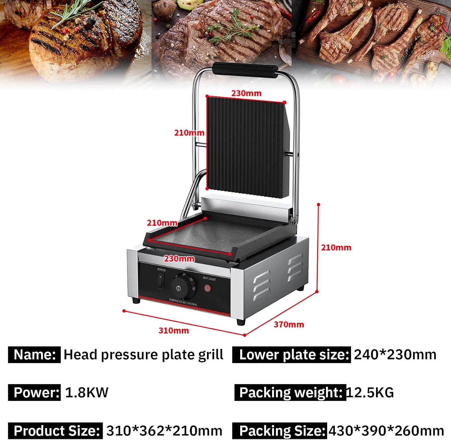 1800W Panini Grill, Sandwich Maker, Commercial Smokeless Indoor Grill, Removable Plates, Stainless Steel, For Steak, Hamburger, Waffle,110V