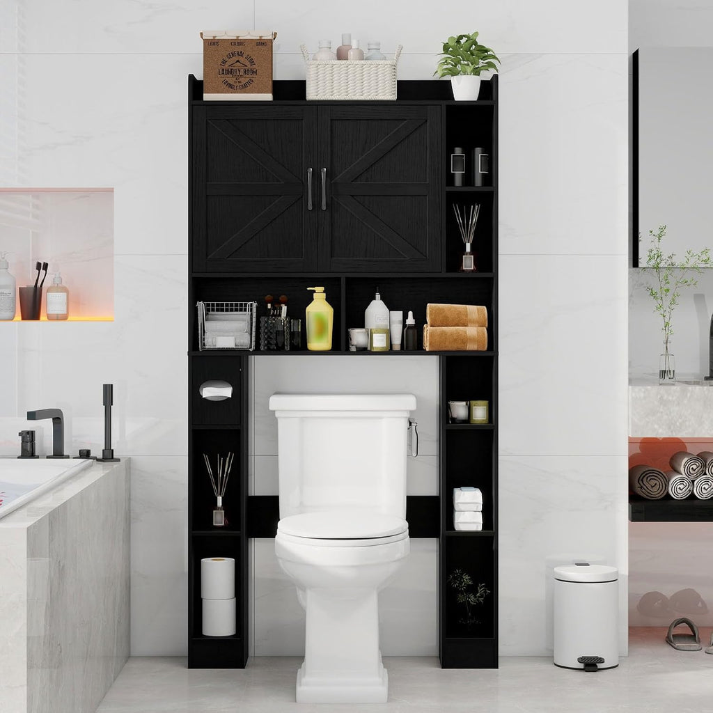 Vabches Over The Toilet Cabinet, Double Doors Bathroom Shelf Organizer with Toilet Paper Holder Stand and Open Storage Shelf, Small Freestanding Space Saver for Restroom, Bathroom, Laundry, Black
