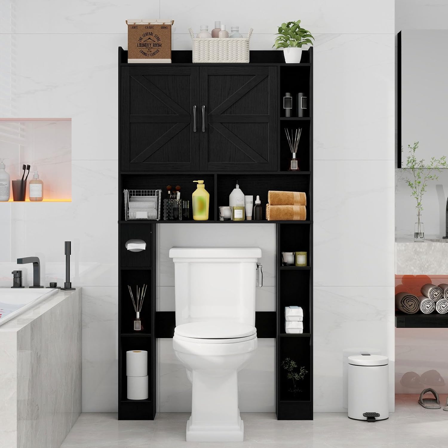Vabches Over The Toilet Cabinet, Double Doors Bathroom Shelf Organizer with Toilet Paper Holder Stand and Open Storage Shelf, Small Freestanding Space Saver for Restroom, Bathroom, Laundry, Black