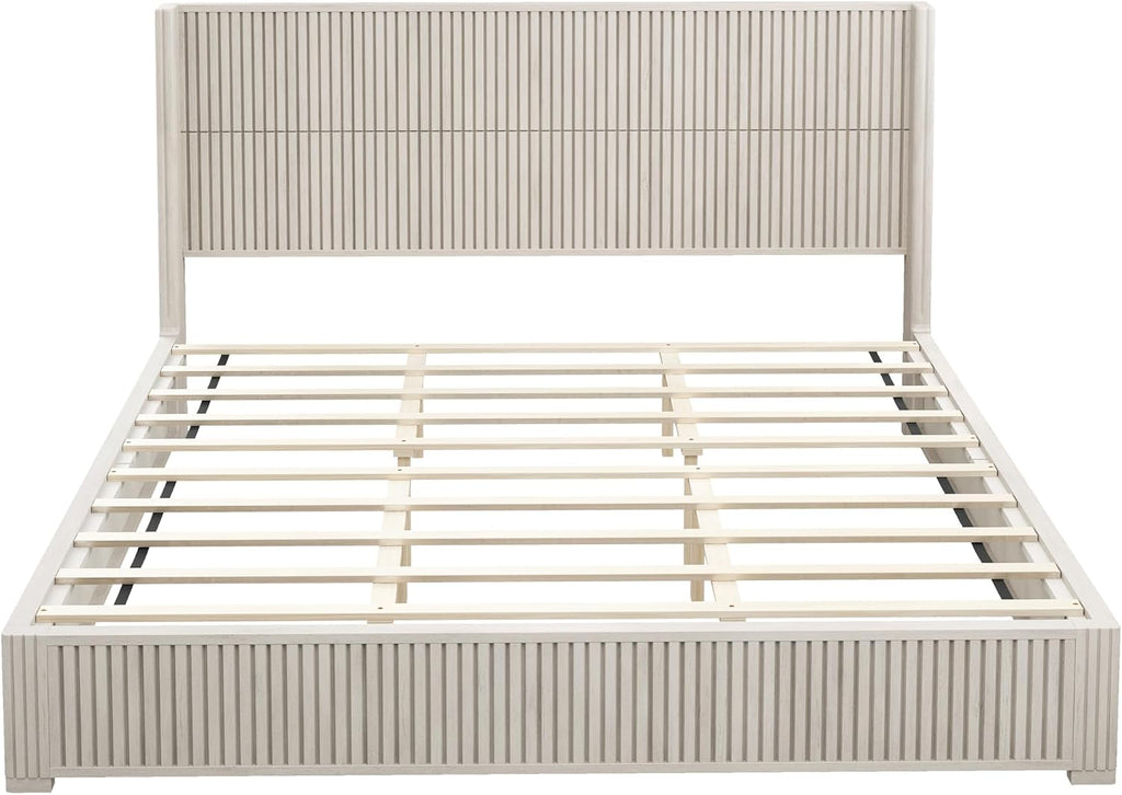 Solid Wood Platform Bed Frame with Headboard, King Size Bed Frame No Box Spring Needed, Floor Standing Wood Bed Frame, Easy Assembly Bedroom Furniture, Beige Finish