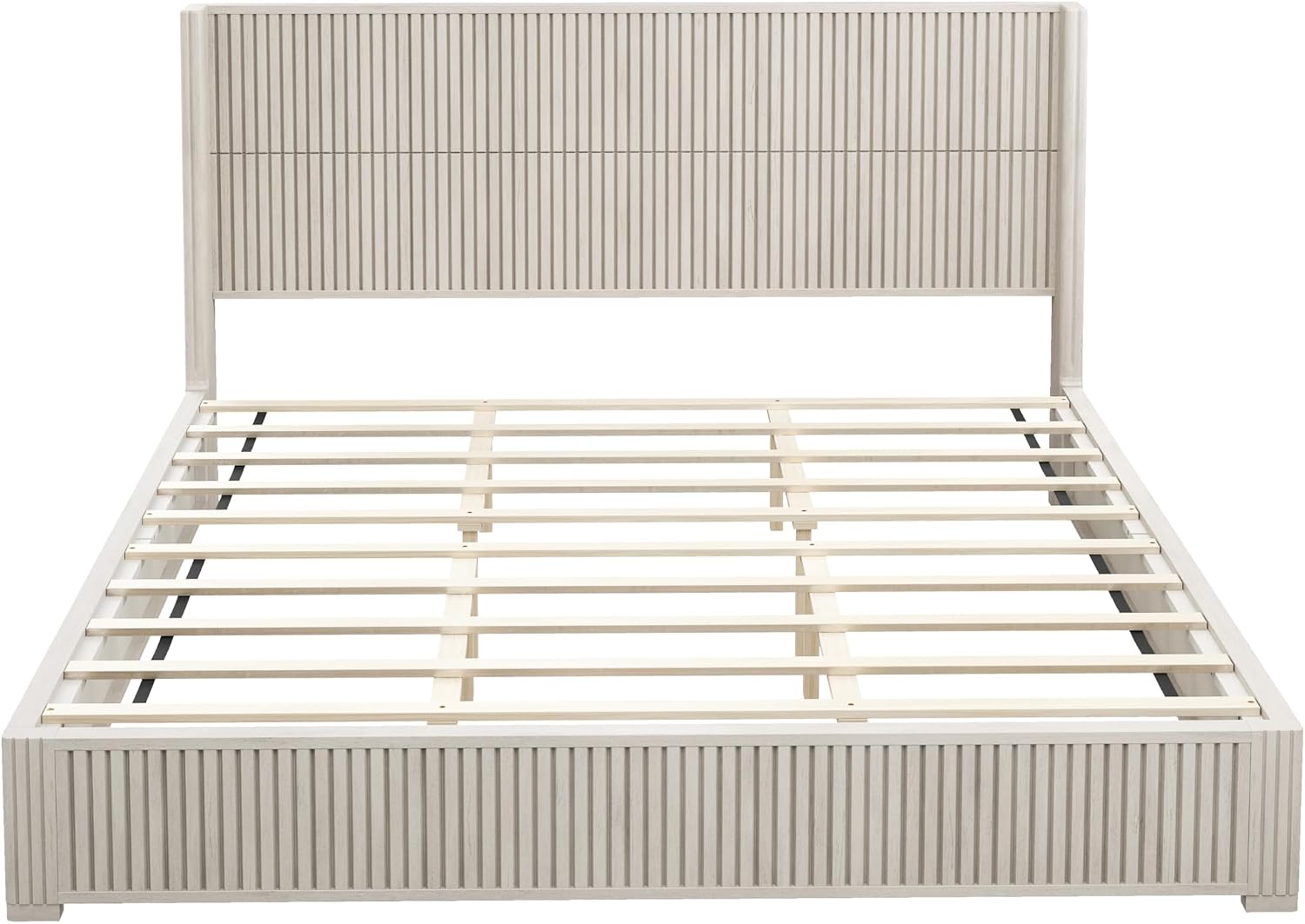 Solid Wood Platform Bed Frame with Headboard, King Size Bed Frame No Box Spring Needed, Floor Standing Wood Bed Frame, Easy Assembly Bedroom Furniture, Beige Finish