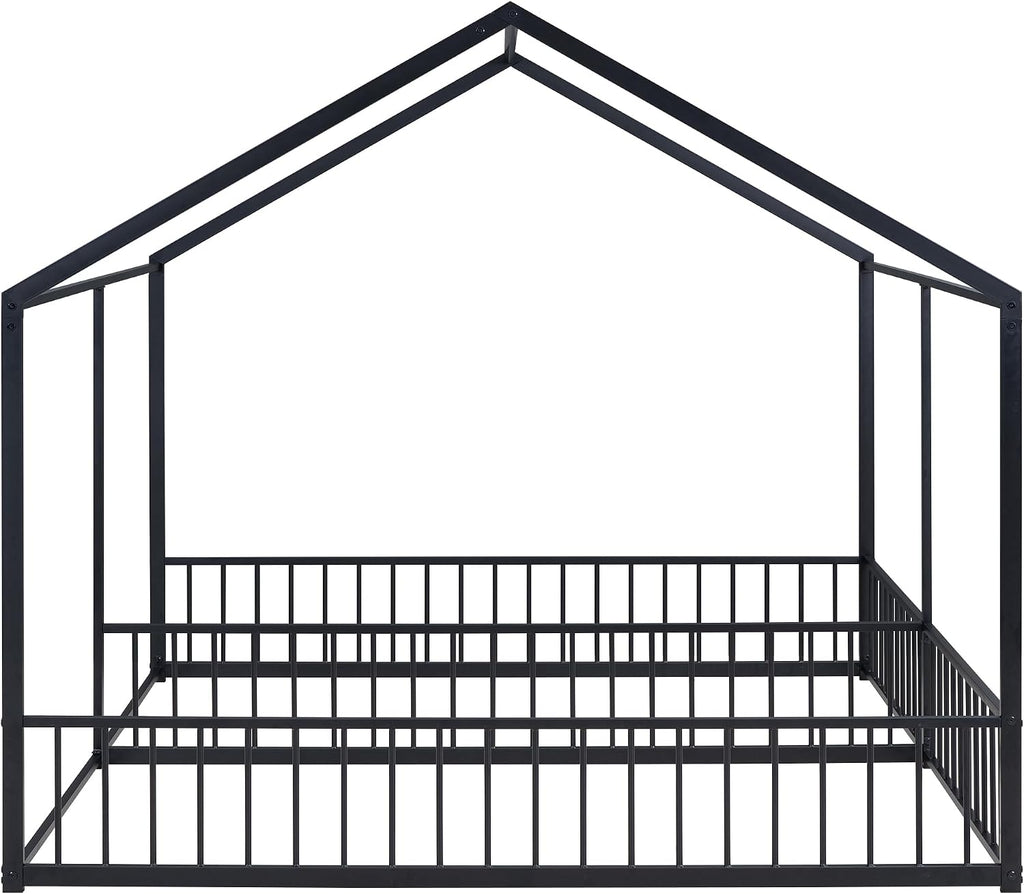 Double Floor Bed for Twins,Twin Size House Bed for 2 Kids,Two Shared Beds,Twin House Platform Beds,Metal Floor Bed Frame with Rails for Girls,Boys(Black)