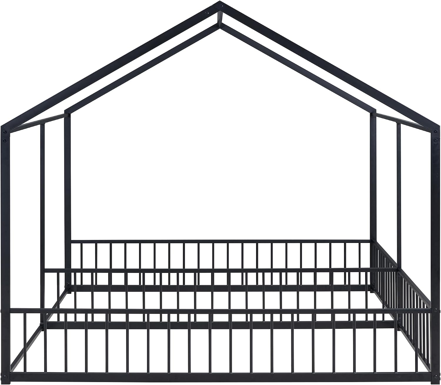 Double Floor Bed for Twins,Twin Size House Bed for 2 Kids,Two Shared Beds,Twin House Platform Beds,Metal Floor Bed Frame with Rails for Girls,Boys(Black)