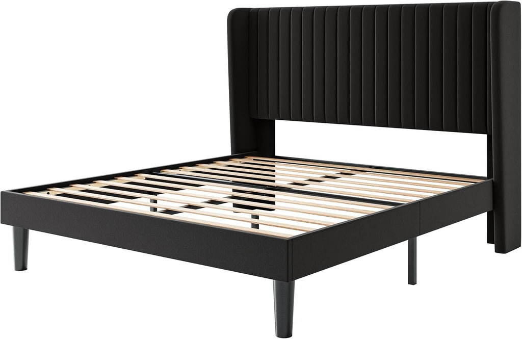 SHA CERLIN Full Size Velvet Bed Frame with Vertical Channel Tufted Wingback Headboard, Upholstered Platform Bed with Wood Slats, No Box Spring Needed, Easy Assembly, Black