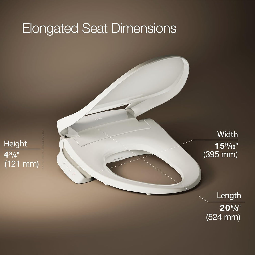 Kohler PureWash E545 Elongated Heated Bidet Toilet Seat, Warm Water, Biscuit with Side Panel, Quiet-Close Lid, Self-Cleaning Wand, Adjustable Water Pressure and Nightlight, Side Panel Controls