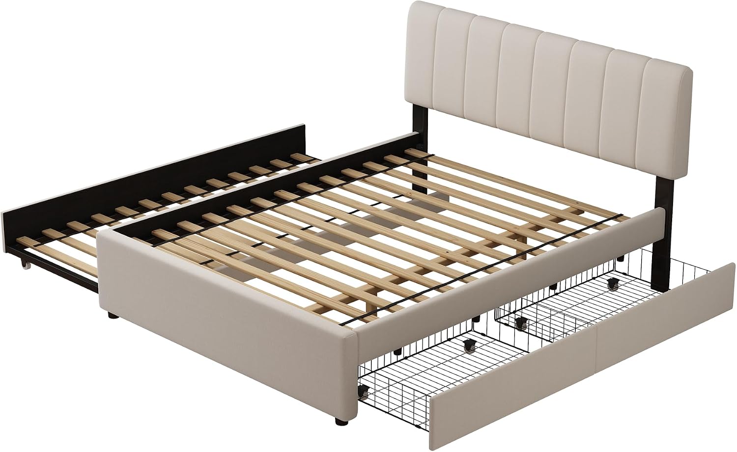 Full Size Upholstered Platform Bed with Trundle,2 Storage Drawers & USB/Type-C Charging,Chenille Fabric Bed Frame with APP-Controlled LED Lights,No Box Spring Needed,800LBS Capacity for Bedroom,Beige