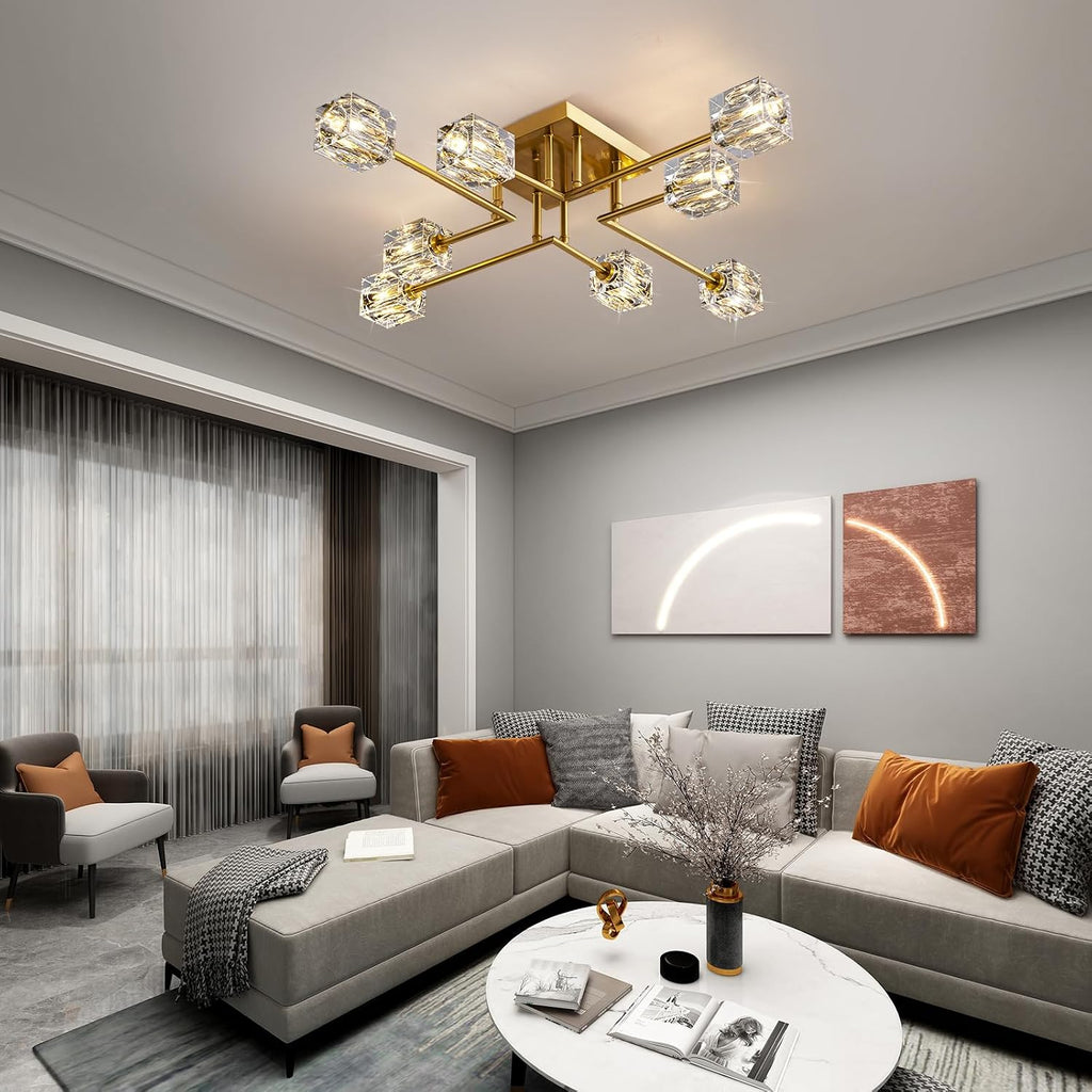 Modern Crystal Ceiling Light,Semi Flush Mount Ceiling Light Fixture with 8-Lights,Gold Sputnik Chandeliers for Bedroom,Dining Room,Farmhouse Kitchen,Office,Living Room