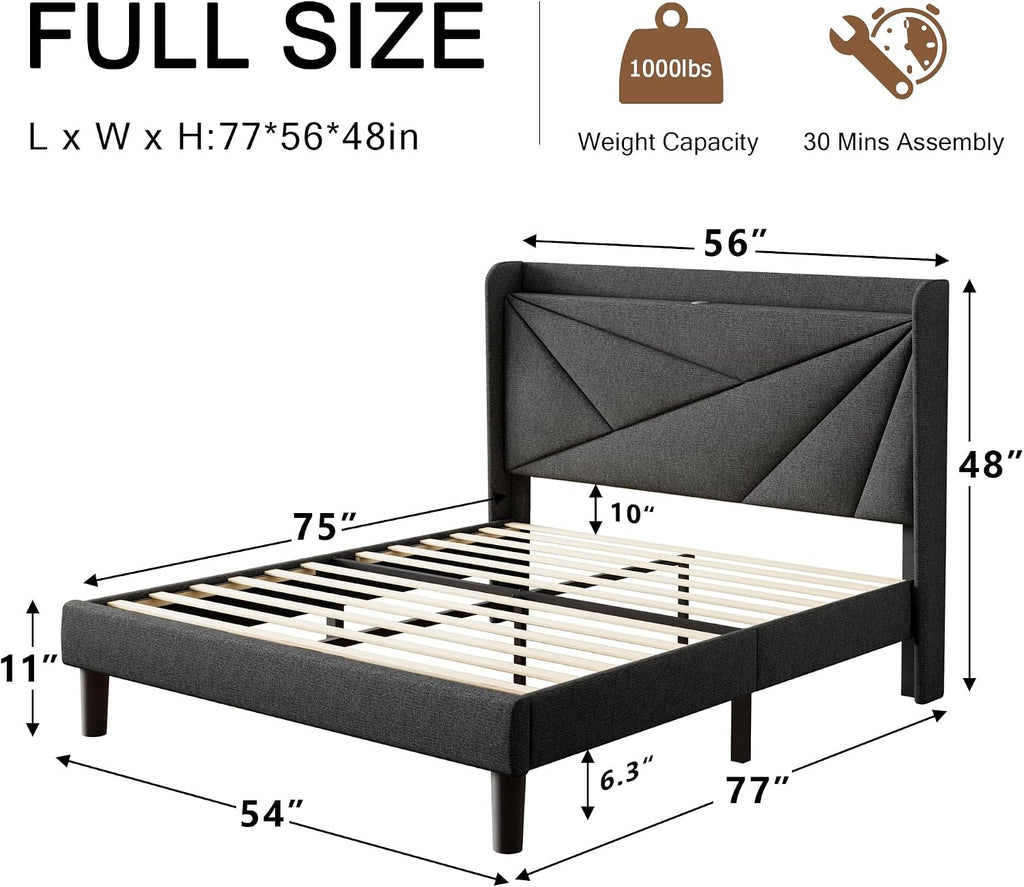 Einhomn Full Size Upholstered Bed Frame with Charging Station, Platform Bed Frame with Storage Headboard, Solid Wood Slats Support, No Box Spring Needed, Dark Gray