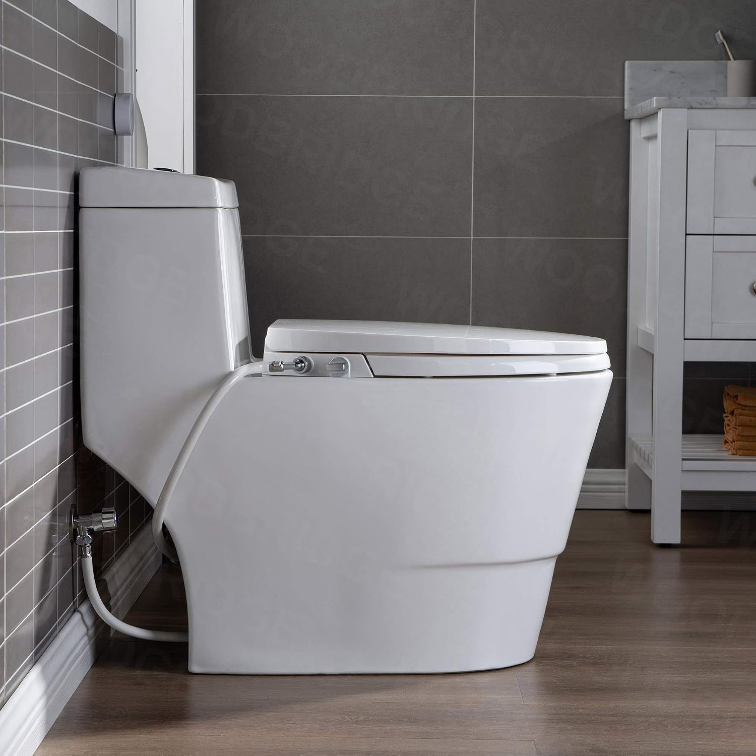 WOODBRIDGE One Piece 1.1GPF/1.6 GPF Dual Flush Elongated Toilet with Non-Electric Bidet Seat in White