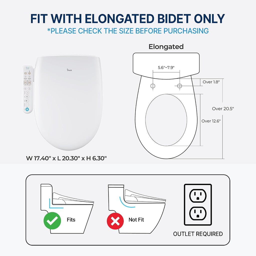 Inus N22 Electric Heated Bidet Toilet Seat Elongated, Warm Water, Smart Heated Water Luxury Bidet Toilet Seat with Kids Mode, Air Dryer, Self Cleaning, Tankless, Smart Touch Panel & Temp Control