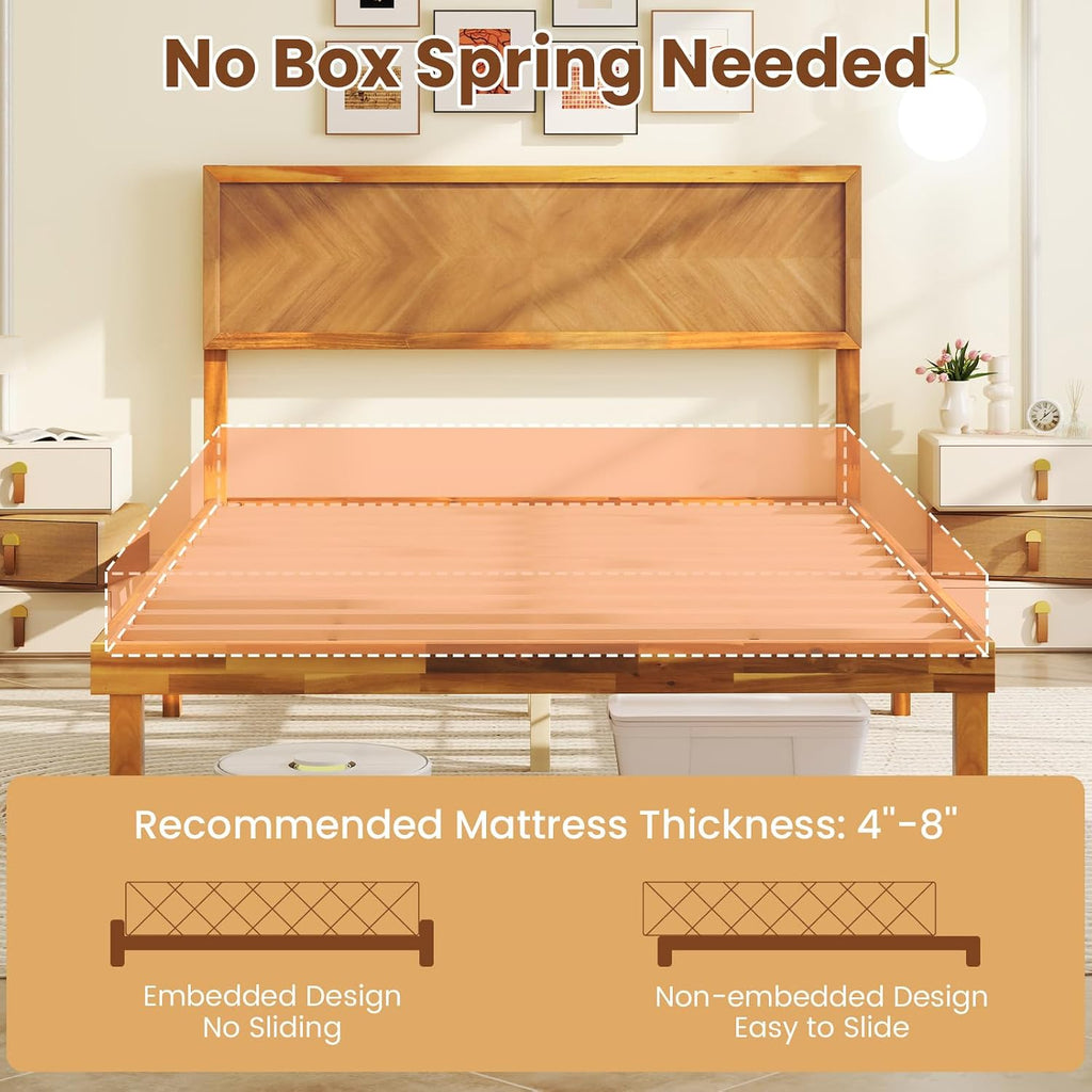 Giantex Wood Full Size Bed Frame with Headboard, Solid Acacia Wood Platform Bed with 12 Strong Wooden Slat Support, Scandinavian Style Art Deco Full Bed Frame, No Box Spring Needed, Rustic Brown
