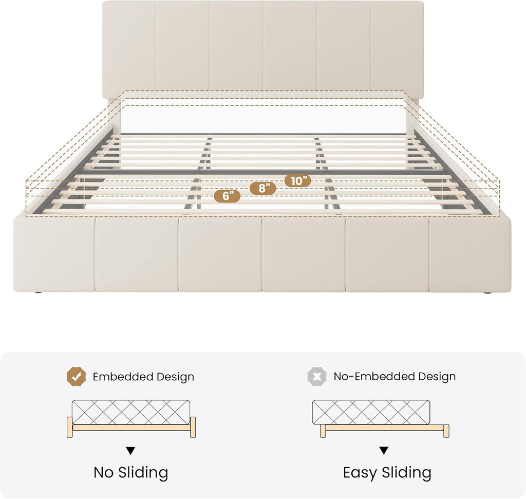 SHA CERLIN King Size Bed Frame, Dutch Velvet Upholstered Platform Bed, Vertical Channel Tufted Adjustable Headboard, Low Profile Bed Frame, No Box Spring Needed, Easy Assembly, Cream