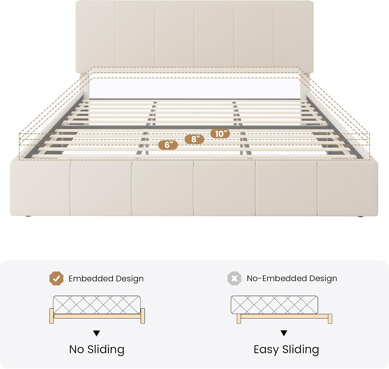 SHA CERLIN King Size Bed Frame, Dutch Velvet Upholstered Platform Bed, Vertical Channel Tufted Adjustable Headboard, Low Profile Bed Frame, No Box Spring Needed, Easy Assembly, Cream