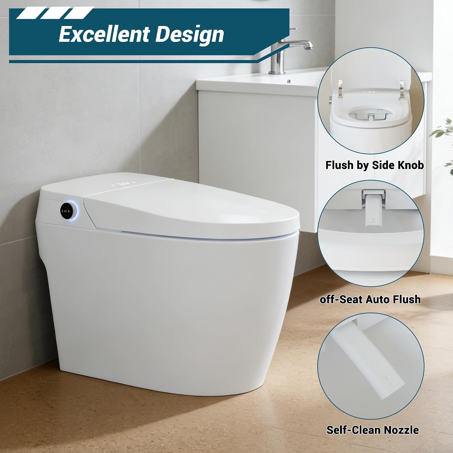 Garvee Smart Toilet with Bidet, One-Piece Design, Heated Seat & Auto Open/Close Lid, Foot Sensing & Automatic Flush, Warm Water Wash & Dryer, LED Display & Night Light, Built-in Tank (White/Black)