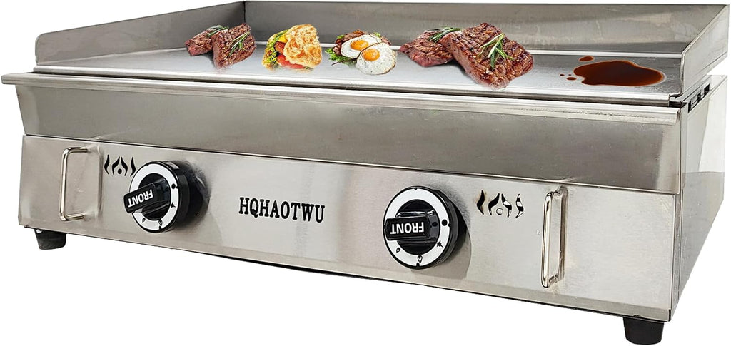 LPG Gas Griddle - Camp Countertop Flat Cooking Griddle with Temperature Control - 2800Pa Top Grill Hot Plate Stove - 2 Burner Outdoor Kitchen - Stainless Steel Grill BBQ Plate