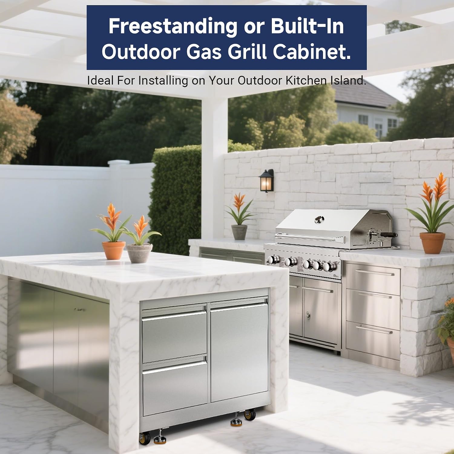 BODEGA Outdoor Stainless-Steel Kitchen Drawers Cabinet For Built-in BBQ Grill .Stainless-Steel outdoor kitchen grill cabinet with 2 Drawers and Propane Tank Storage,(Fits 30'-MK04SS304 Propane Grill).
