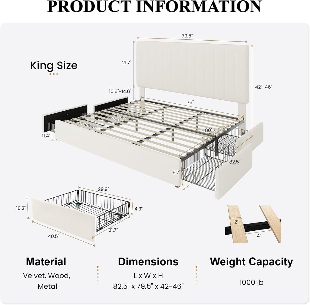 SHA CERLIN King Size Platform Bed Frame with 4 Storage Drawers, Vertical Channel Tufted Adjustable Headboard, Velvet Upholstered, Wooden Slats Support, No Box Spring Needed, Easy Assembly, Cream
