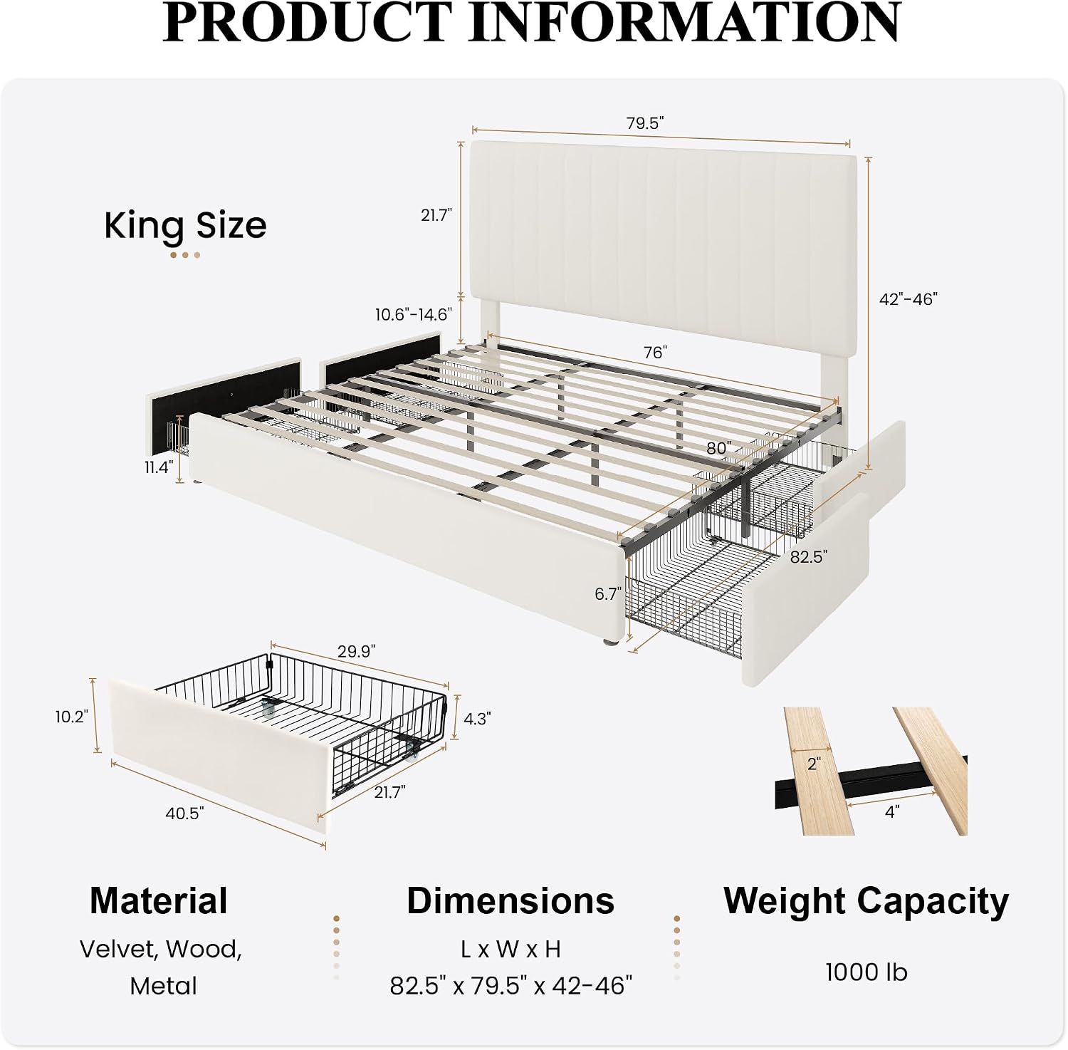 SHA CERLIN King Size Platform Bed Frame with 4 Storage Drawers, Vertical Channel Tufted Adjustable Headboard, Velvet Upholstered, Wooden Slats Support, No Box Spring Needed, Easy Assembly, Cream