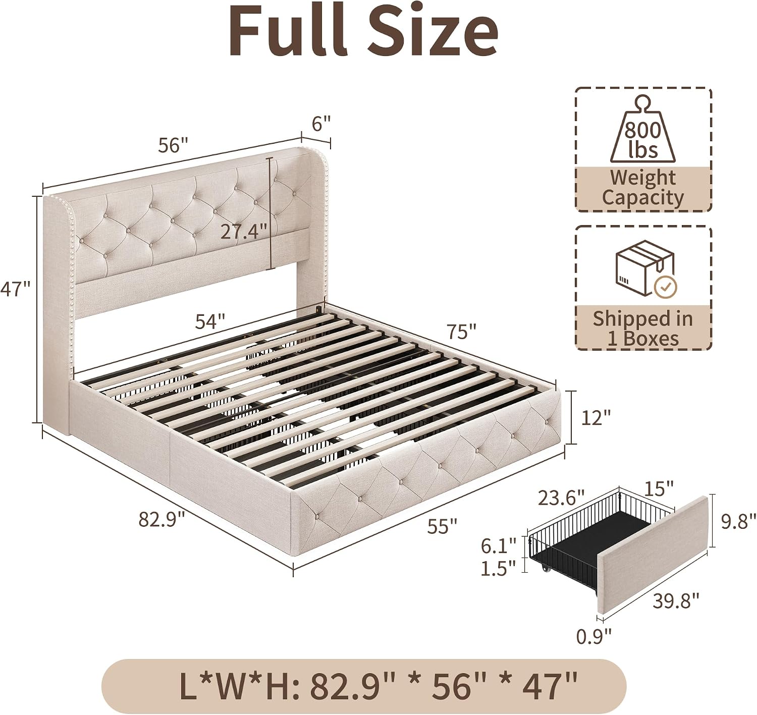 BRELTAM Full Size Bed Frame with Storage Drawers and Wingback Headboard Linen Upholstered Platform Bed Frame Tufted Beds with Heavy Duty Wood Slats, Noise Free, Easy Assembly, Beige