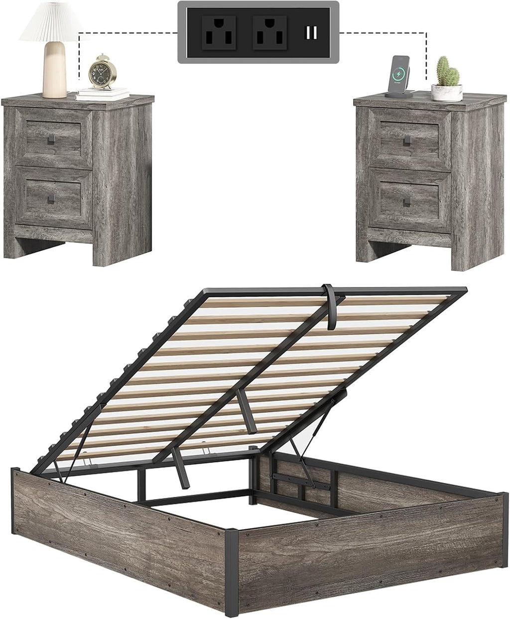 LUXOAK 3 Pieces Bedroom Sets, Includes Full Size Lift Up Storage Platform Bed Frame, 2 Drawers Farmhouse Nightstand Set of 2 with Charging Station, No Box Spring Needed, Rustic Grey
