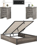 LUXOAK 3 Pieces Bedroom Sets, Includes Full Size Lift Up Storage Platform Bed Frame, 2 Drawers Farmhouse Nightstand Set of 2 with Charging Station, No Box Spring Needed, Rustic Grey