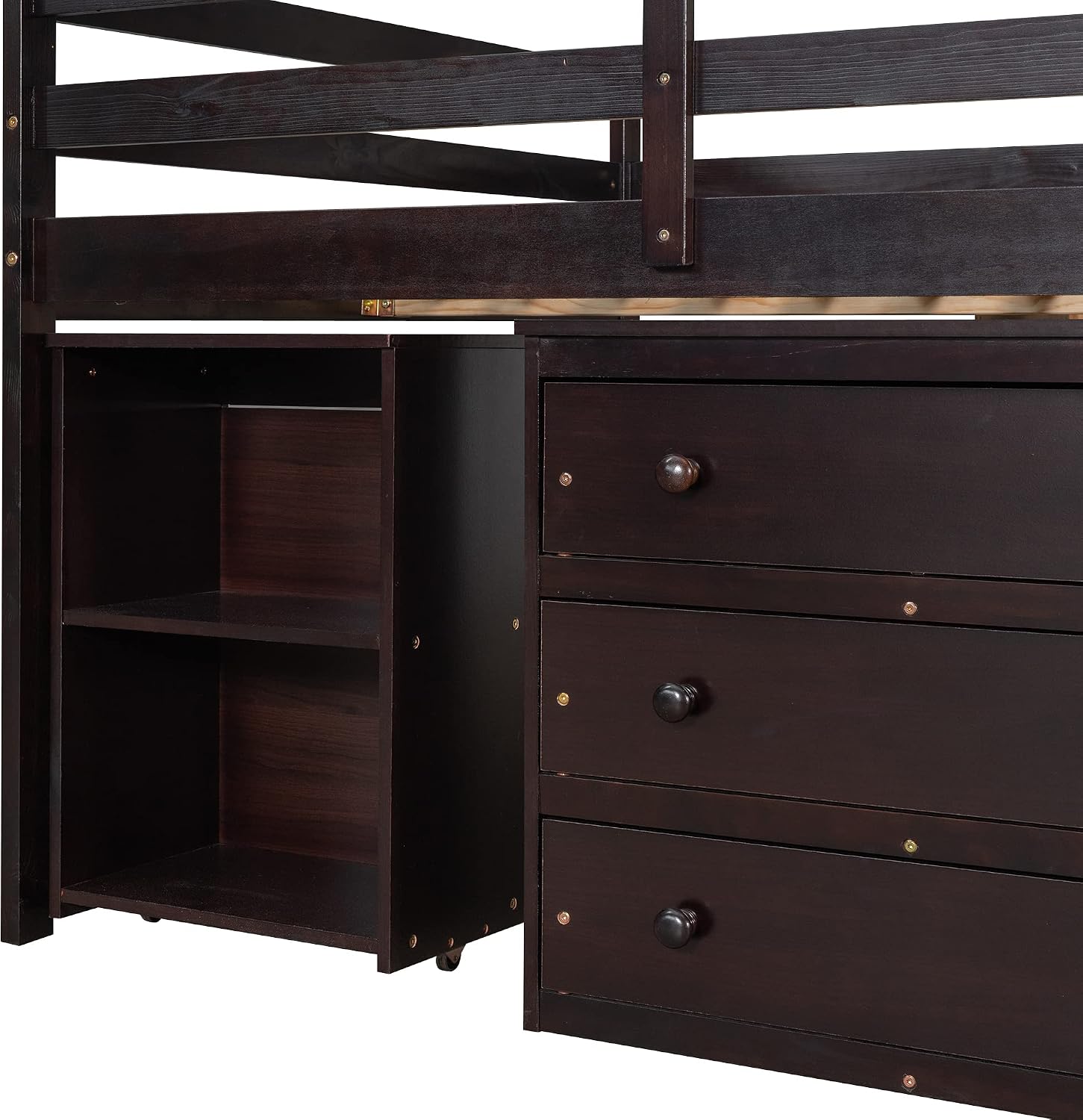 Low Loft Bed Loft Bed with Drawers and Storage Cabinet, Solid Wood Loft Bed with Desk and Shelves for Kids Teens Adults, No Box Spring Needed, Space Saving, Full Size, Espresso