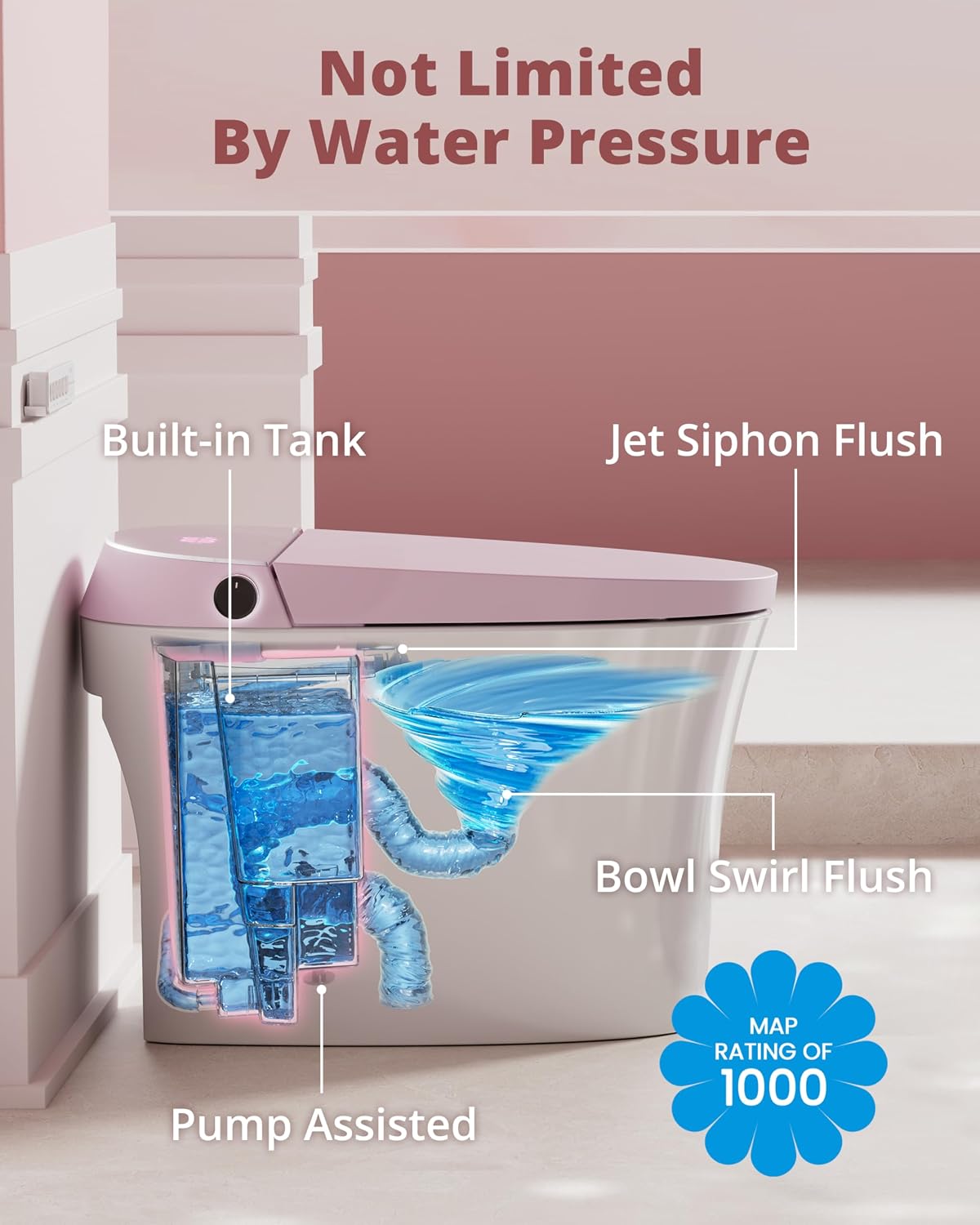 CANEST Pink Smart Toilet with Bidet Built In, ADA Comfort Height Bidet Toilet with Tank, Auto Open&Close Lid, Adaptive Heated Seat Warm Water Dryer, Foot Sensor, 1000g MAP Flush, Remote Control