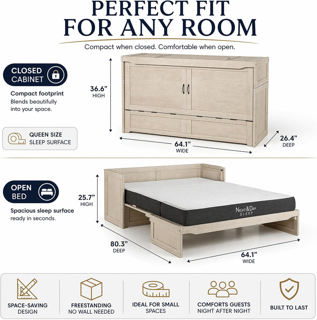 NIGHT & DAY Furniture Murphy Cube Cabinet Bed Queen – Fold-Out Space-Saving Guest Bed with Memory Foam Mattress – Provence Ivory Finish