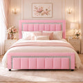 HOMBCK Full Size Bed Frame with Diamond Headboard, Full Bed Frame with Velvet Headboard and Footboard, Upholstered Platform Bed with Wooden Slats, No Box Spring Needed, Easy Assembly, Pink