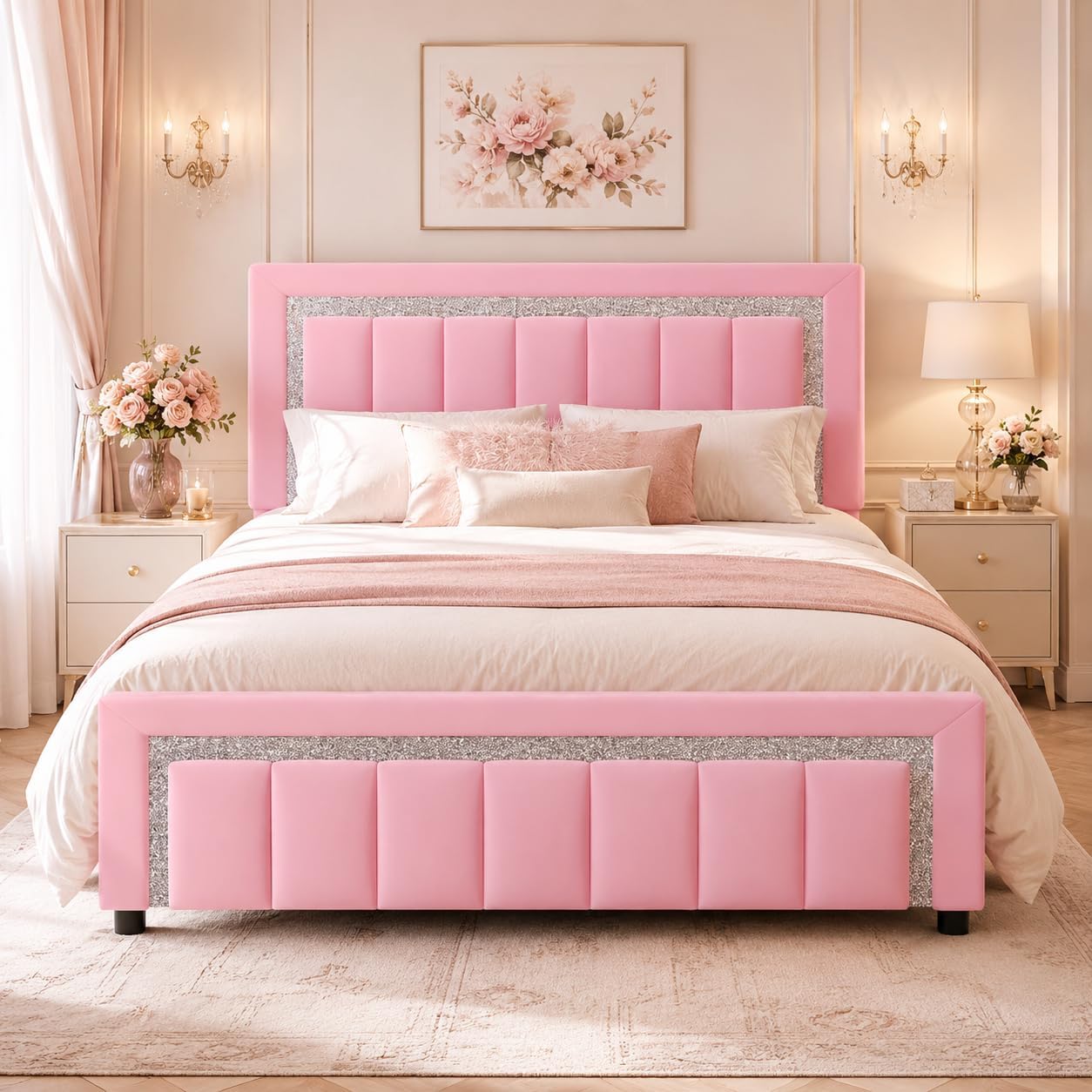 HOMBCK Full Size Bed Frame with Diamond Headboard, Full Bed Frame with Velvet Headboard and Footboard, Upholstered Platform Bed with Wooden Slats, No Box Spring Needed, Easy Assembly, Pink