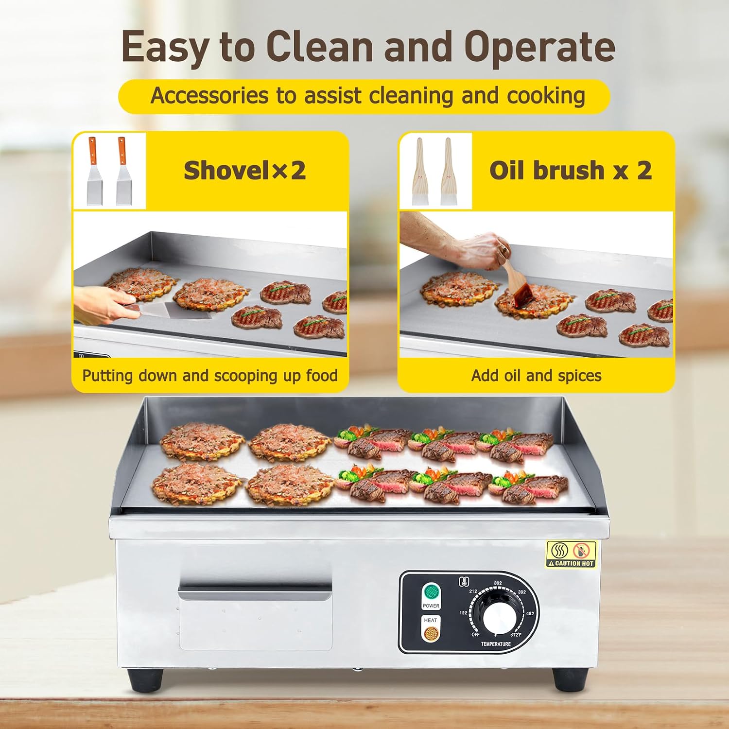 18' Commercial Electric Griddle with Plug, 1500W Stainless Steel Griddle with Adjustable Temp 122-572°F, 2 Shovels & Brushes - Half Flat Top Grill for Indoor/Outdoor Cooking (Plug Included)