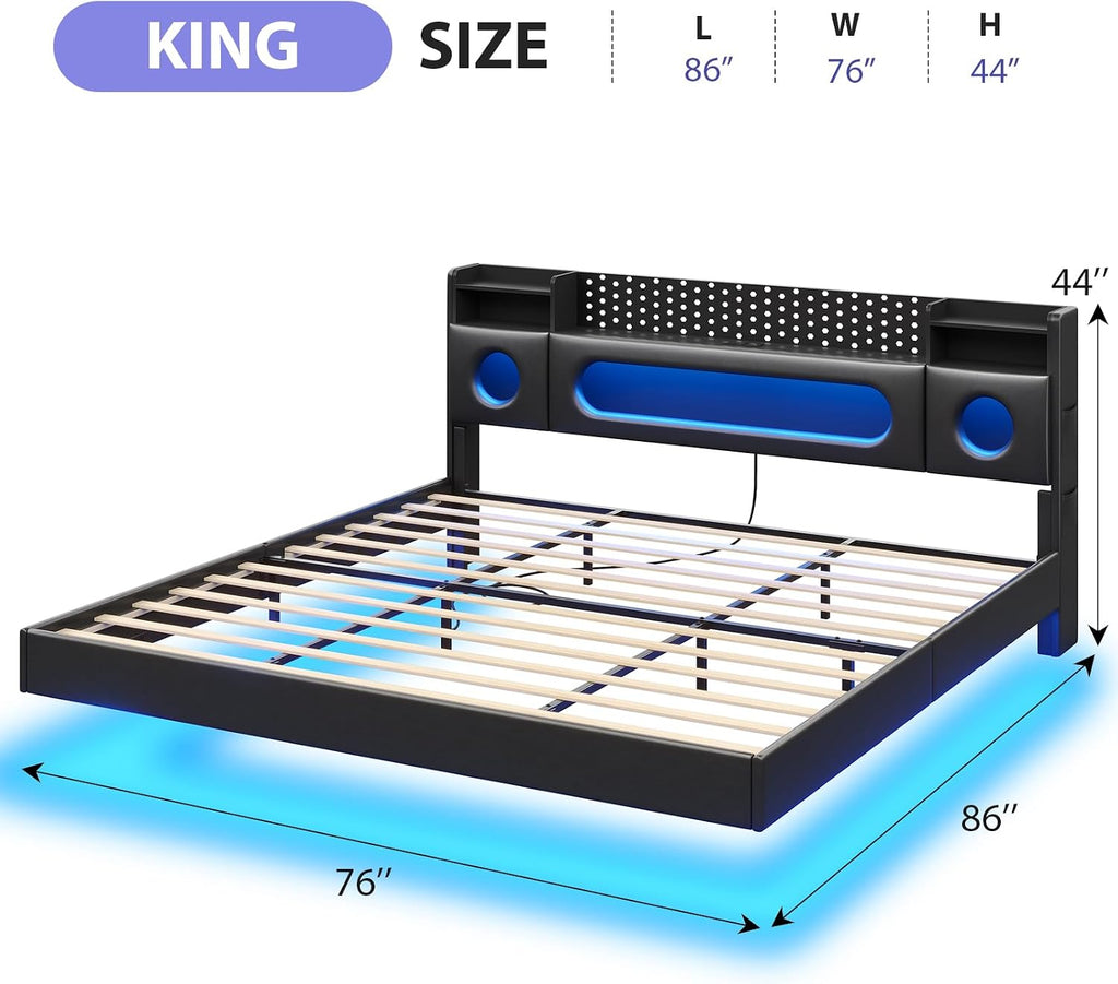 King Size Bed Frame with Storage Headboard, Floating Bed Frame King with Storage & Charging Station, King Size Bed with LED Lights,Platform Bed No Box Spring Needed, Noise-Free, Easy Assembly,PU Black