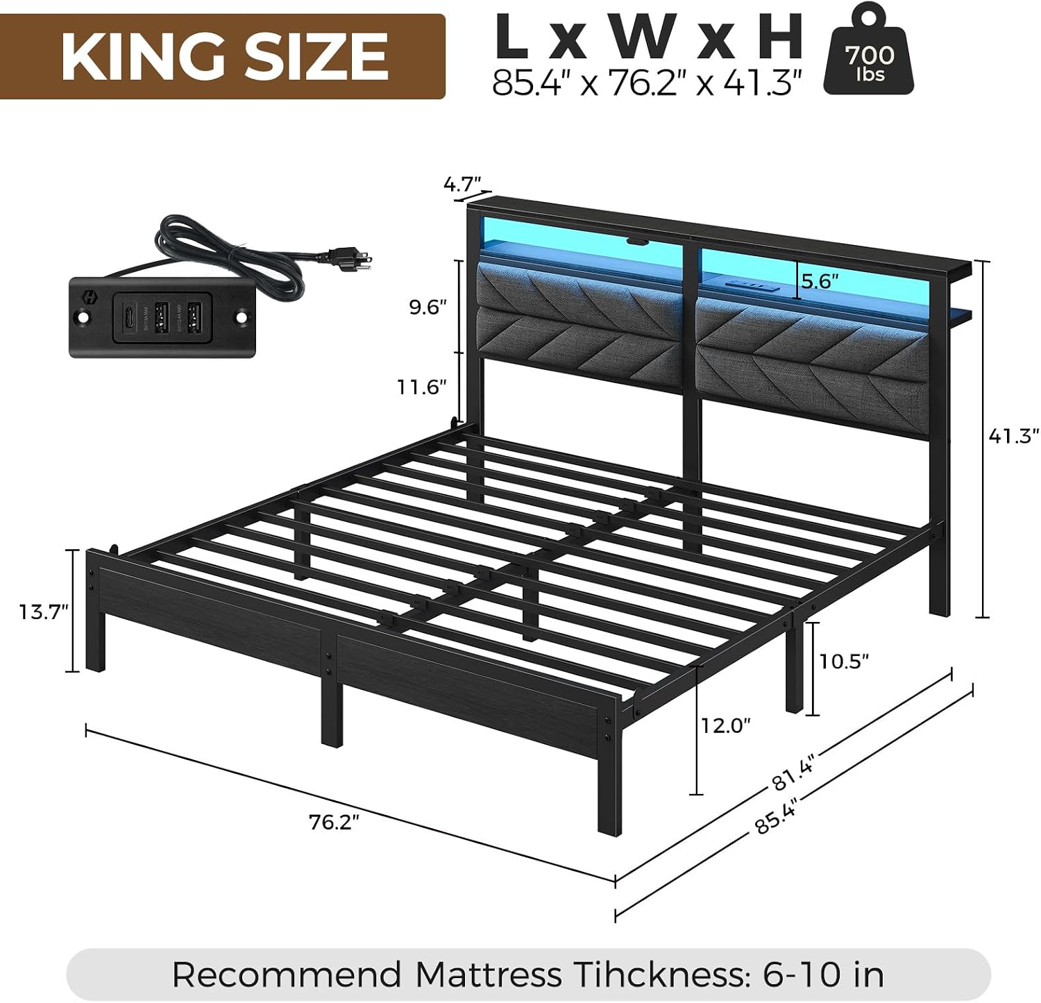 Seventable Bed Frame King Size with Charging Station, LED Bed with Upholstered Storage Headboard, Metal Platform Bed with Under Bed Storage, No Box Spring Needed, Noise Free, Easy Assembly, Grey