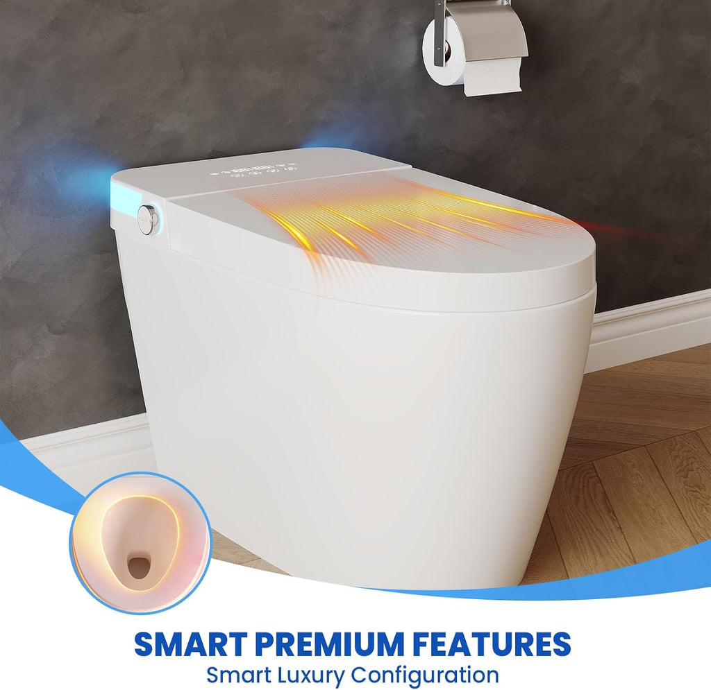 Smart Toilet with Bidet Built-In - Elongated One-Piece Design, Heated Seat, Auto Flush & Kick Sensor, Warm Water Wash, ADA Comfort Height, Night Light, LED Display, and Blackout Flush for Modern Bathr