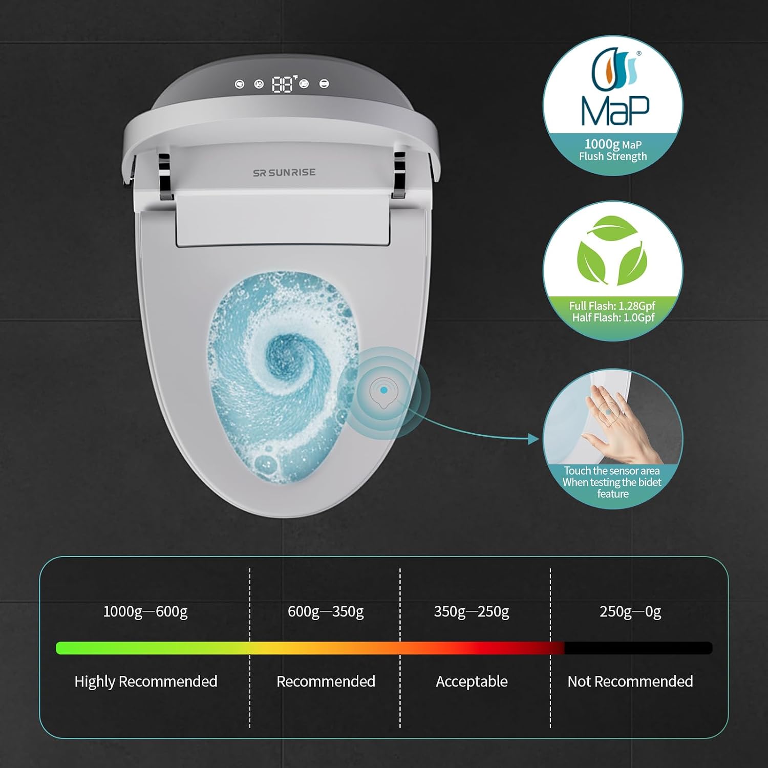 SR SUN RISE One Piece Smart Toilet with Bidet Built-in All in One Intelligent Electric Toilet with Adjustable Heated Seat,Drying,Powerful/Water-saving Flush,Deodorisation&Sterilisation for Bathroom