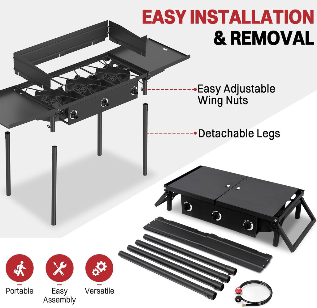 3 Burner Propane Camp Stove | 225,000 BTU Gas Burners | Side Shelves | Windscreen | Waterproof Cover | Detachable Legs | Ideal for Camping Backyard Outdoor Cooking