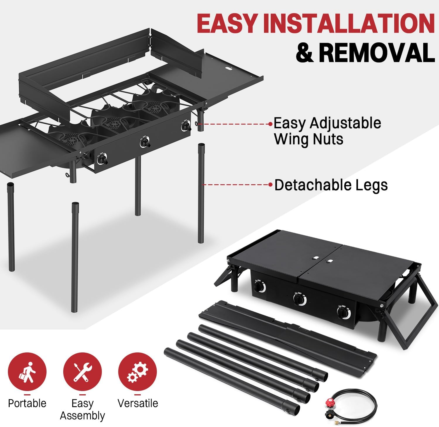 3 Burner Propane Camp Stove | 225,000 BTU Gas Burners | Side Shelves | Windscreen | Waterproof Cover | Detachable Legs | Ideal for Camping Backyard Outdoor Cooking