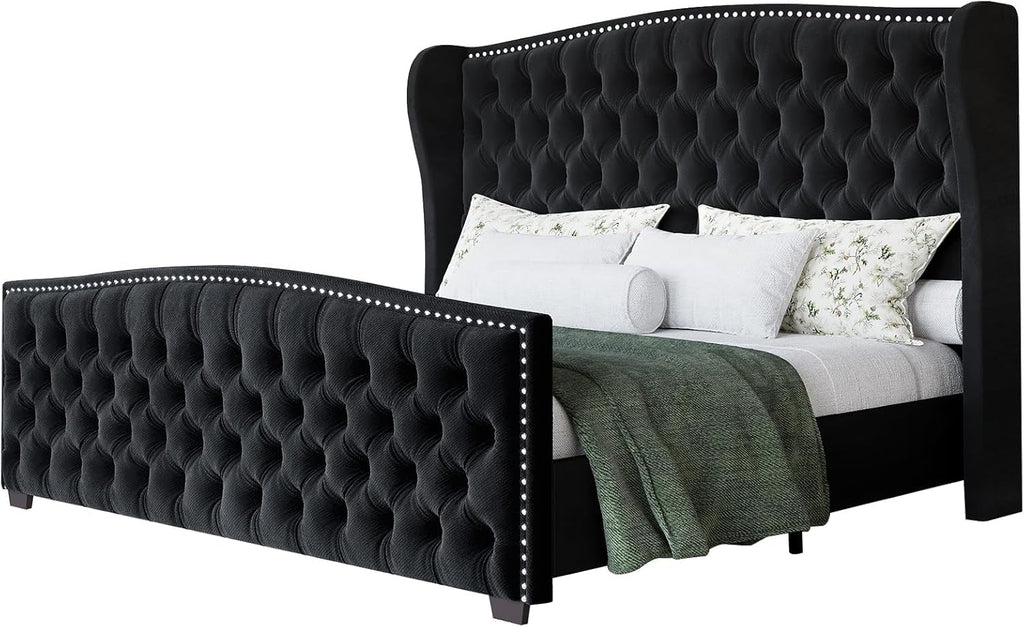 LUXOAK California King Platform Bed Frame, Velvet Upholstered Bed Frame with Wingback Headboard Handmade, Button Tufted & Nailhead, Wooden Slats Support, Black