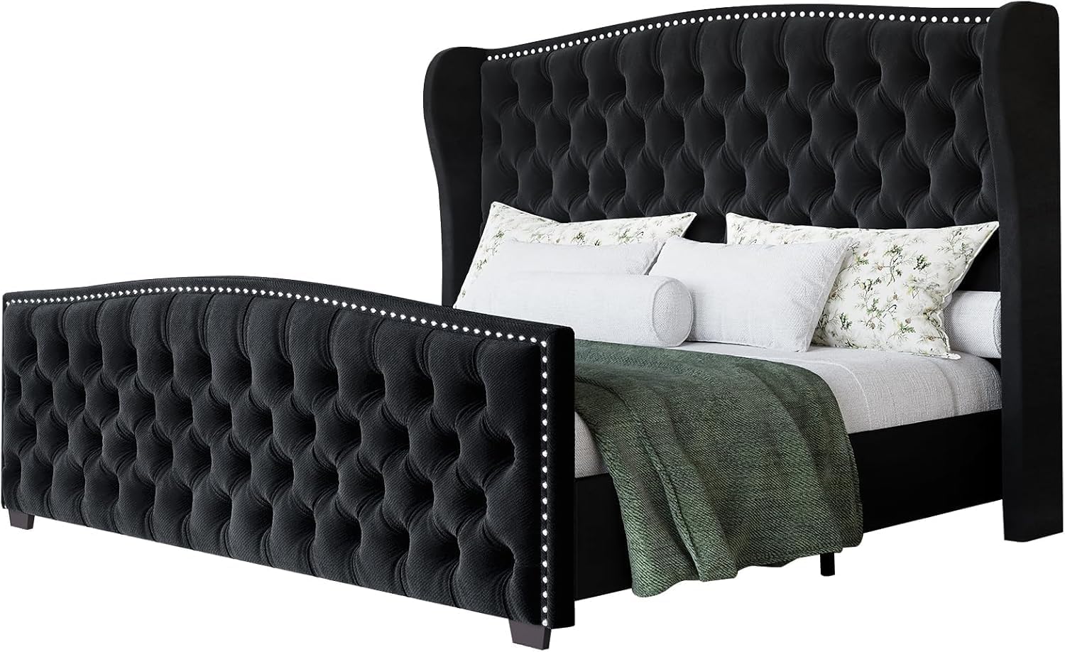 LUXOAK California King Platform Bed Frame, Velvet Upholstered Bed Frame with Wingback Headboard Handmade, Button Tufted & Nailhead, Wooden Slats Support, Black