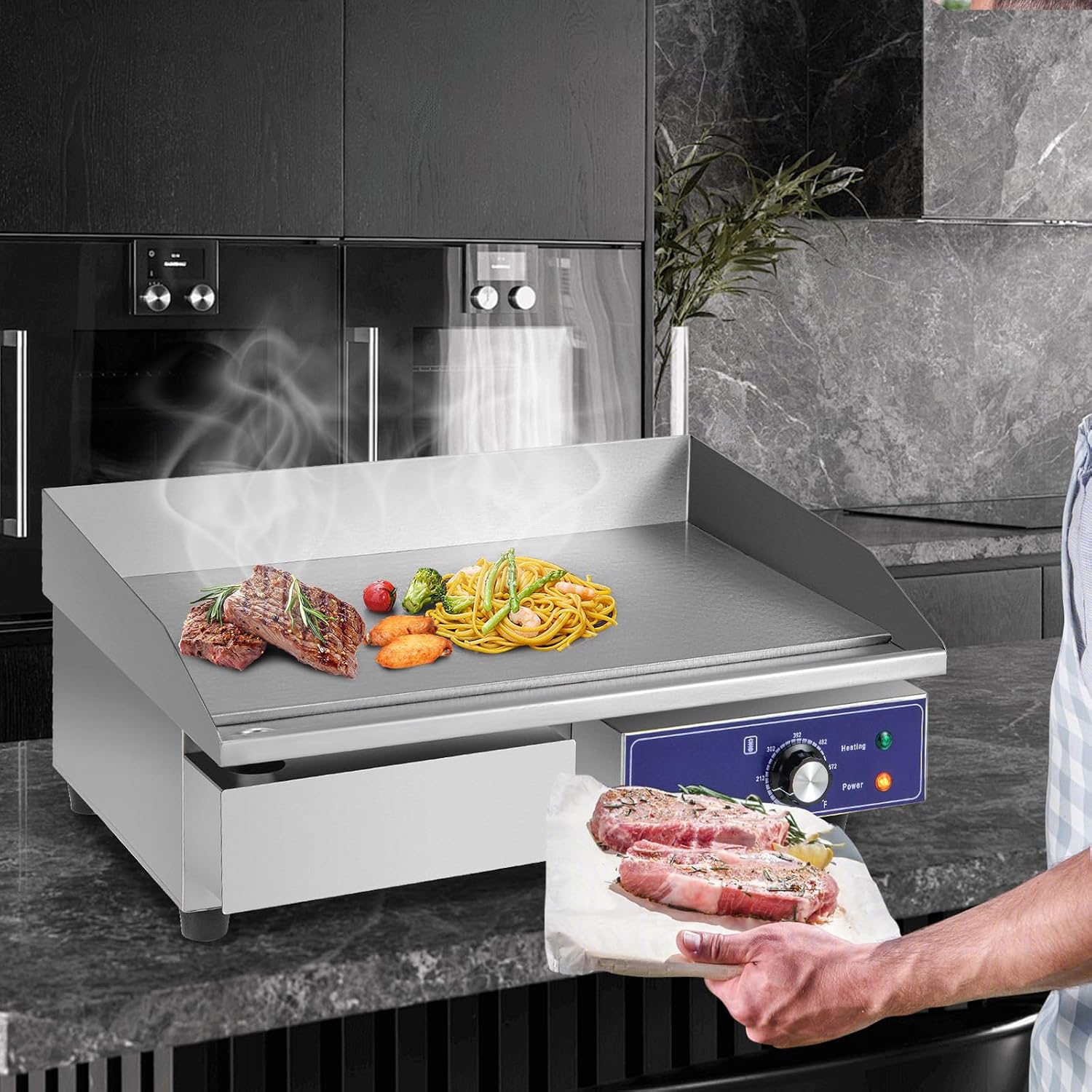 ARLIME Commercial Elecric Griddle, 22' x 14' Cooking Area, 2000W, 122℉-572℉, Stainless Steel Flat Top Grill w/Complete Accessories, Indoor Countertop Griddle for Kitchen, Restaurant, Party